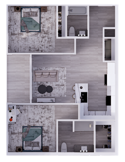Contemporary 2D floor plan showcasing two spacious bedrooms, open-plan living room, modern kitchen with island, and two stylish bathrooms.