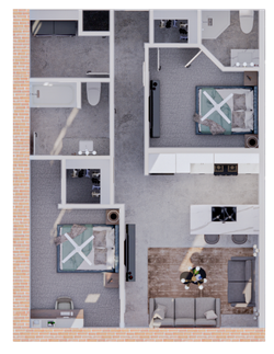 Modern apartment floor plan showcasing 2 cozy bedrooms, stylish open kitchen, inviting living area, and 2 sleek bathrooms.