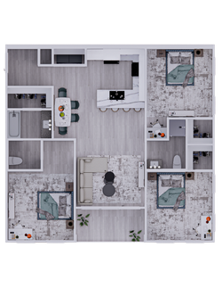 Modern 3-bedroom apartment floor plan with open-concept living area, stylish kitchen with island, and two sleek bathrooms.