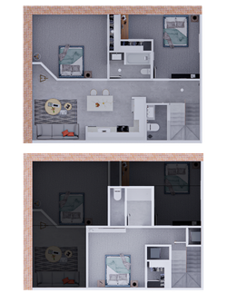 Contemporary floor plan featuring two cozy bedrooms, a stylish open-concept living and dining area, modern kitchen, and elegant bathrooms, showcasing a fresh and inviting layout.