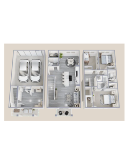Modern 3D floor plan showcasing a spacious three-bedroom home with open-plan living and dining area, sleek kitchen, and dual garage.