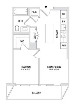 Modern floor plan showcasing one-bedroom apartment with balcony, open kitchen, spacious living/dining area, and walk-in closet.