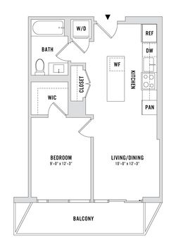 Modern 1-bedroom apartment floor plan with a spacious living and dining area, kitchen with island, large balcony, and convenient walk-in closet.