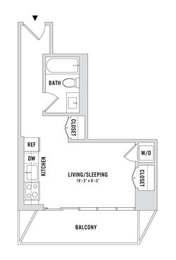 Modern studio floor plan with open concept living/sleeping area, kitchen, spacious balcony, and full bath. Includes convenient washer/dryer and ample closet space.