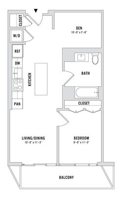 Chic floor plan featuring a cozy den, modern kitchen, inviting living/dining area, spacious bedroom with closet, stylish bathroom, and a delightful balcony.