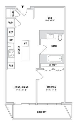Modern open-concept floor plan with 1 bedroom, a den, spacious living and dining area, kitchen, and balcony.