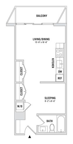 Modern studio floor plan featuring open living and dining area, sleek kitchen, cozy sleeping space, and private balcony.