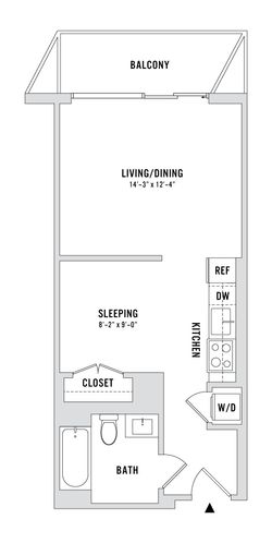 Modern studio apartment floor plan with a spacious living/dining area, cozy sleeping space, well-equipped kitchen, full bath, and a private balcony.
