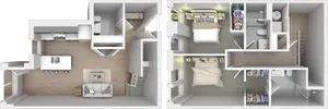 Modern open-concept 3D floor plan featuring two bedrooms, each with closet space, two stylish bathrooms, a spacious living room, and a contemporary kitchen with an island.
