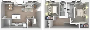 Modern apartment floor plan showcasing a spacious open-concept living area, sleek kitchen with island, two cozy bedrooms with en-suite bathrooms, and generous closet space.