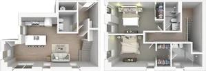 Modern two-story floor plan with a cozy living room, sleek kitchen, two spacious bedrooms, and two well-appointed bathrooms. The design includes a stylish open-concept living area and ample closet space, perfect for contemporary living.