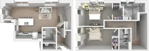 Elegant 2-story floor plan showcasing open-concept living room and kitchen, with two spacious bedrooms, modern bathrooms, and ample closet space.