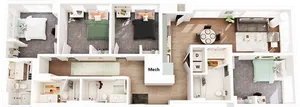 Rendering of a four bedroom floor plan at our student apartments near the University of Maryland, featuring 3D furniture.