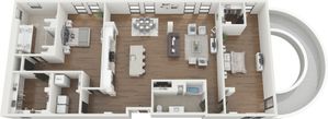 Elegant floor plan featuring three spacious bedrooms, an open-concept living area, modern kitchen, and hardwood flooring, designed for luxurious living.
