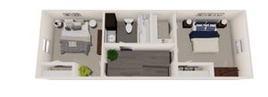 Modern 3D floor plan showcasing two spacious bedrooms, elegant bathroom, and open airy living space, perfect for urban living.