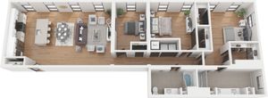 Elegant 3D floor plan showcasing a spacious layout with three bedrooms, two bathrooms, modern kitchen with island, and an open-concept living and dining area, perfect for stylish living and entertaining.