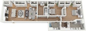 Modern apartment floor plan showcasing open-concept living area, two bedrooms, sleek kitchen, and spacious bathrooms.