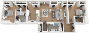 Elegant open floor plan showcasing 3 bedrooms, spacious living and dining areas, modern kitchen with island, and stylish bathrooms for luxurious living.