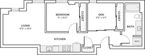 761 square foot 2 bed one bath with den floor plan in Seattle, WA