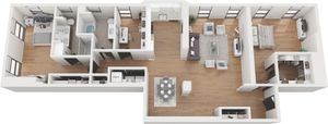 Contemporary 3D floor plan showcasing spacious 2-bedroom apartment with an open living area, modern kitchen, and elegant dining space.