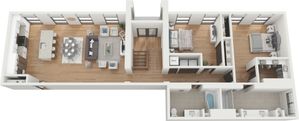 Elegant open-concept floor plan featuring a spacious kitchen, dining area, and cozy living room, with two stylish bedrooms and modern bathrooms.