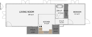 Modern floor plan featuring a spacious 289 sq ft living room, a functional 97 sq ft kitchen, and a cozy 112 sq ft bedroom. Includes bathroom, closets, and pantry for optimal storage.
