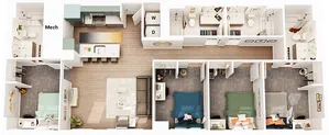 Rendering of a four bedroom floor plan at our student apartments near the University of Maryland, featuring 3D furniture.