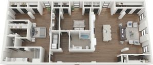 Modern open-concept floor plan featuring three bedrooms, two bathrooms, and a stylish kitchen with a central island, complemented by a cozy living room and ample storage space.