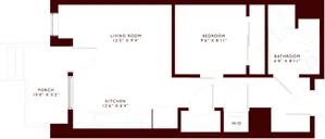 Modern floor plan featuring a spacious living room, cozy bedroom, compact kitchen, bathroom, and a charming porch.
