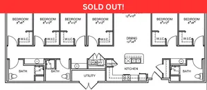 Expansive 2D floor plan featuring six bedrooms, modern kitchen with pantry, dining area, and convenient laundry space.