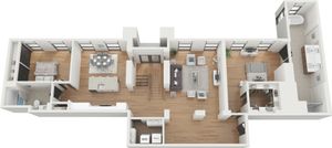 Modern and spacious 3D floor plan featuring two bedrooms, an open living and dining area, and a sleek kitchen with island, perfect for stylish living.