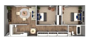 Stylish 3D floor plan featuring 2 bedrooms, a spacious living area, modern kitchen, and a cozy dining space.