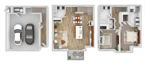 Modern tri-level floor plan with a spacious basement garage, open-concept main floor with kitchen and living area, and cozy bedrooms on the upper level.