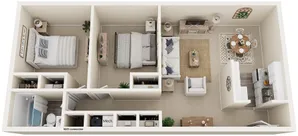 Two bedroom floor plan with galley kitchen, inviting living area, and dining space, ideal for comfortable living.