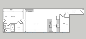 Floor plan showcasing a spacious bedroom, cozy den, and elegant living room with fireplace, featuring a stylish kitchen area.