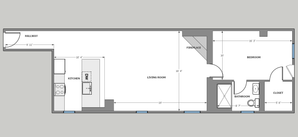 One-bedroom floor plan with a cozy living room, modern kitchen, and fireplace, featuring a spacious bathroom and convenient closet.