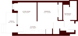Contemporary apartment floor plan featuring a living room, bedroom, kitchen, bathroom, and porch.