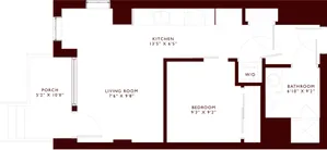 Modern apartment floor plan featuring a cozy living room, kitchen, bedroom, bathroom, and porch.