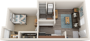 Modern 2D floor plan featuring a spacious bedroom, sleek kitchen with a counter, cozy living area, dedicated study nook, and efficient in-unit washer and dryer.
