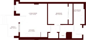 Charming floor plan with one bedroom, spacious living room, modern kitchen, bathroom, and inviting porch.
