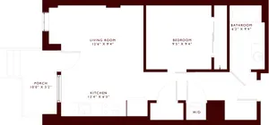 Cozy apartment floor plan featuring one bedroom, living room, kitchen, bathroom, and porch.