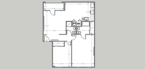 Modern floor plan showcasing a spacious 2-bedroom, 2-bathroom layout with an open living area, sleek kitchen.