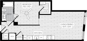 671 square foot one bedroom one bath apartment floorplan image