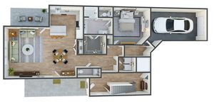 Modern floor plan featuring a cozy bedroom, spacious living room, elegant kitchen with island, dining area, two bathrooms, laundry room, and a single-car garage.