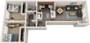 Modern floor plan showcasing 2 bedrooms, 1 bathroom, integrated kitchen, and stylish living area with hardwood flooring.
