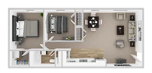 Modern 2D floor plan showcasing 2 cozy bedrooms, an open living and dining area, sleek kitchen, and a contemporary bathroom, ideal for comfortable urban living.
