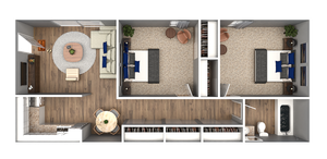 3D apartment floor plan featuring two bedrooms, a stylish living room, and a modern kitchen layout.