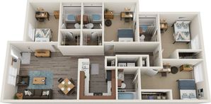 3D floor plan showcasing three bedrooms, an inviting living area, and a modern kitchen layout.