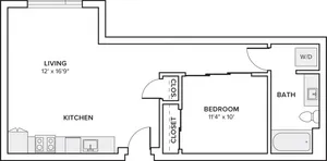 659 square foot one bed one bath floor plan in Seattle, WA