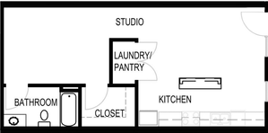 Contemporary studio apartment floor plan featuring a spacious open studio area, modern kitchen, bathroom, closet, and convenient laundry/pantry space.